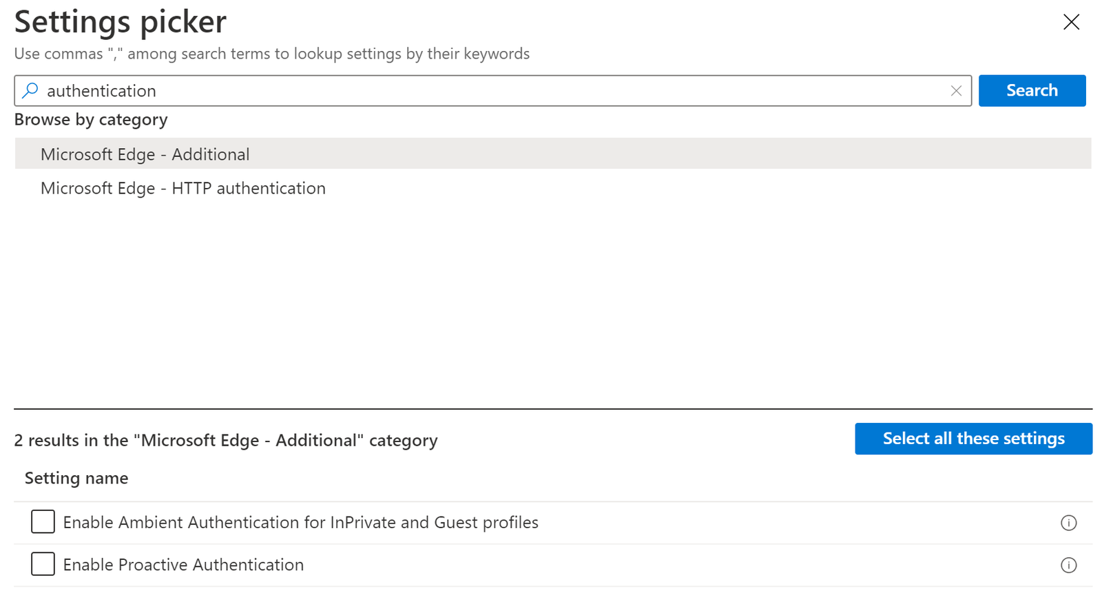 List of configured settings
